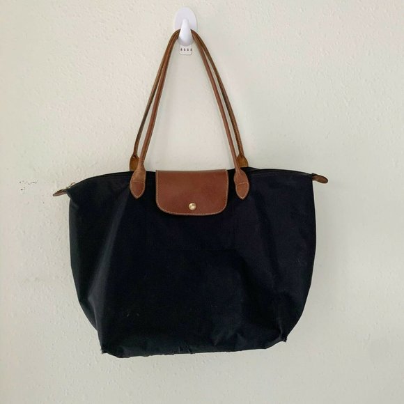 Longchamp Handbags - Longchamp Le Pliage black Nylon Tote Handbag brown handles
